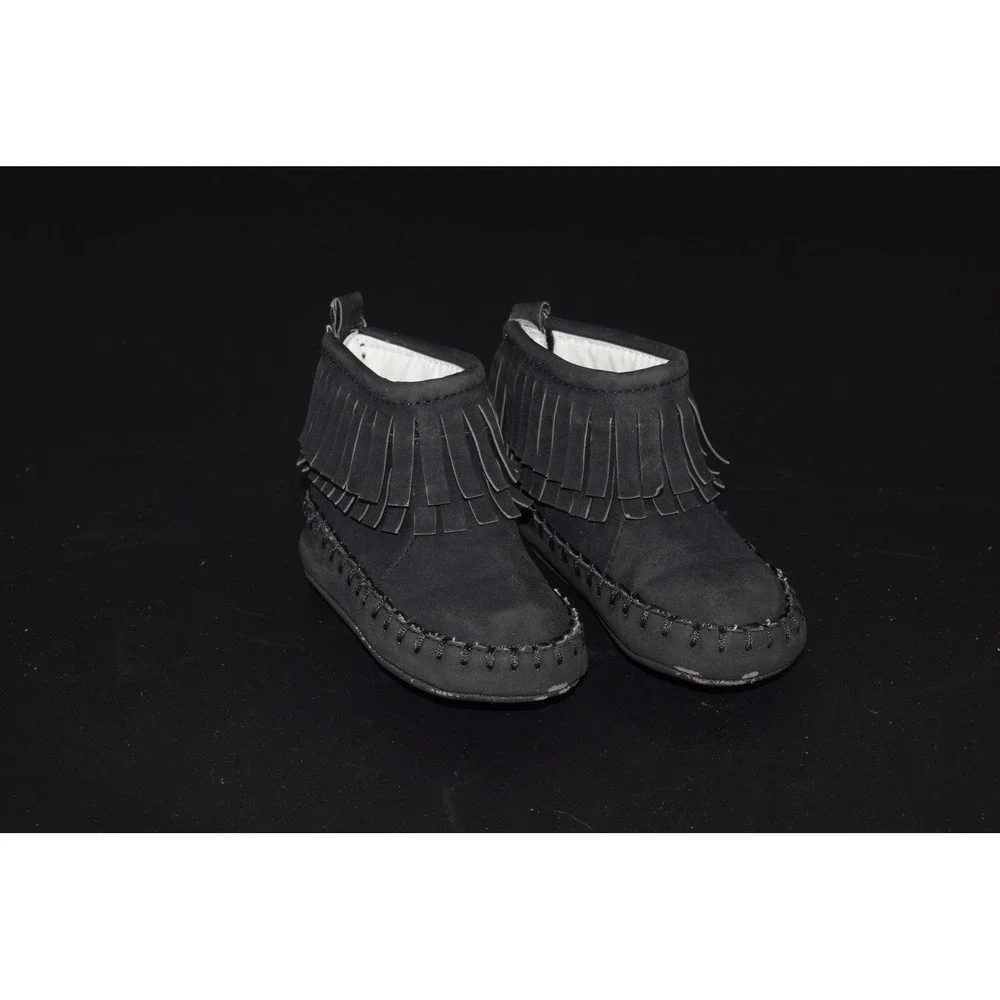 Moccasin Booties Baby 6-12M Black Good Double Fringe Whipstitch S/227580-01
